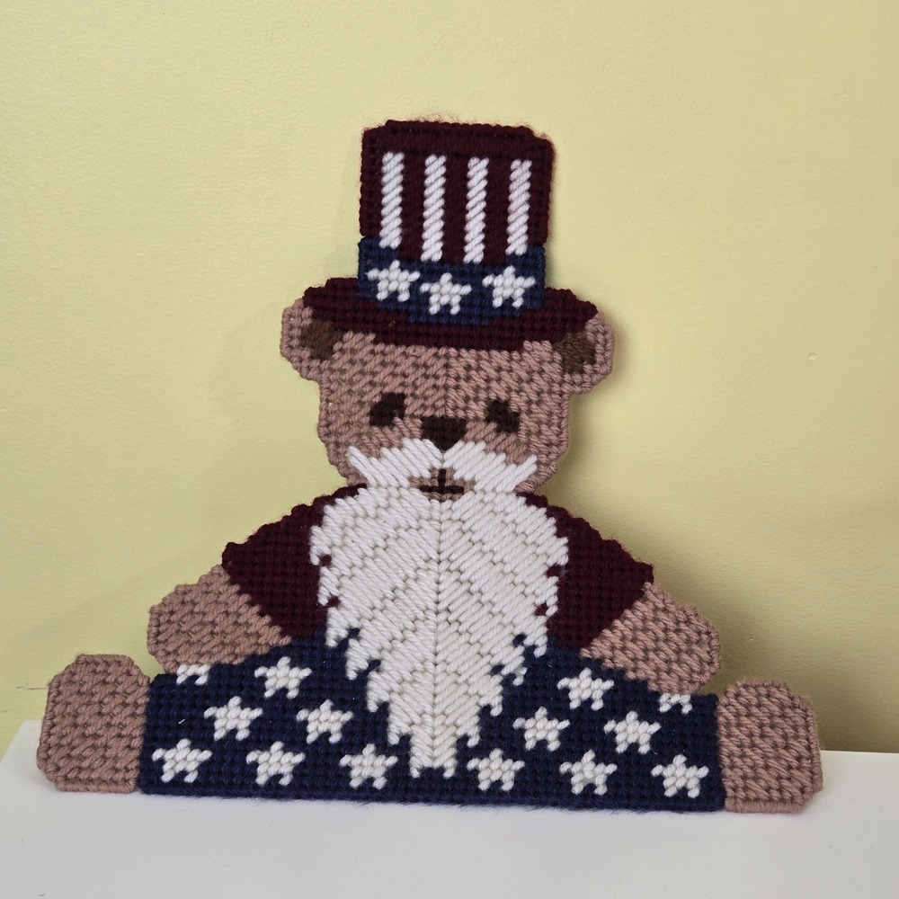 Vintage Uncle Sam Teddy Bear Plastic Canvas Needlepoint Wall Hanging Patriotic